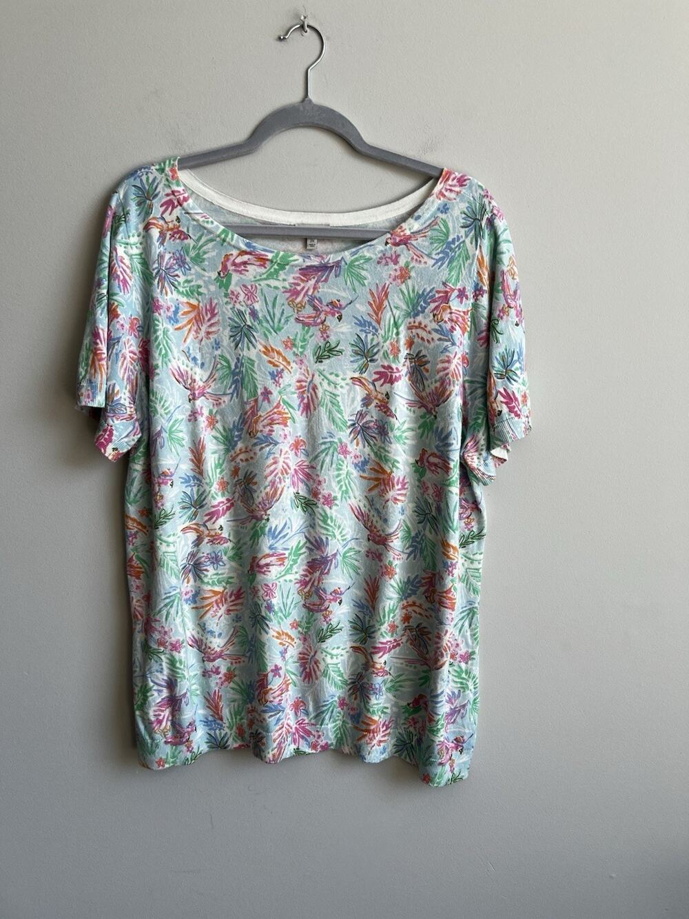 Talbots Plus Size 2X Short Sleeve Bird Floral Pullover Sweater Lightweigh